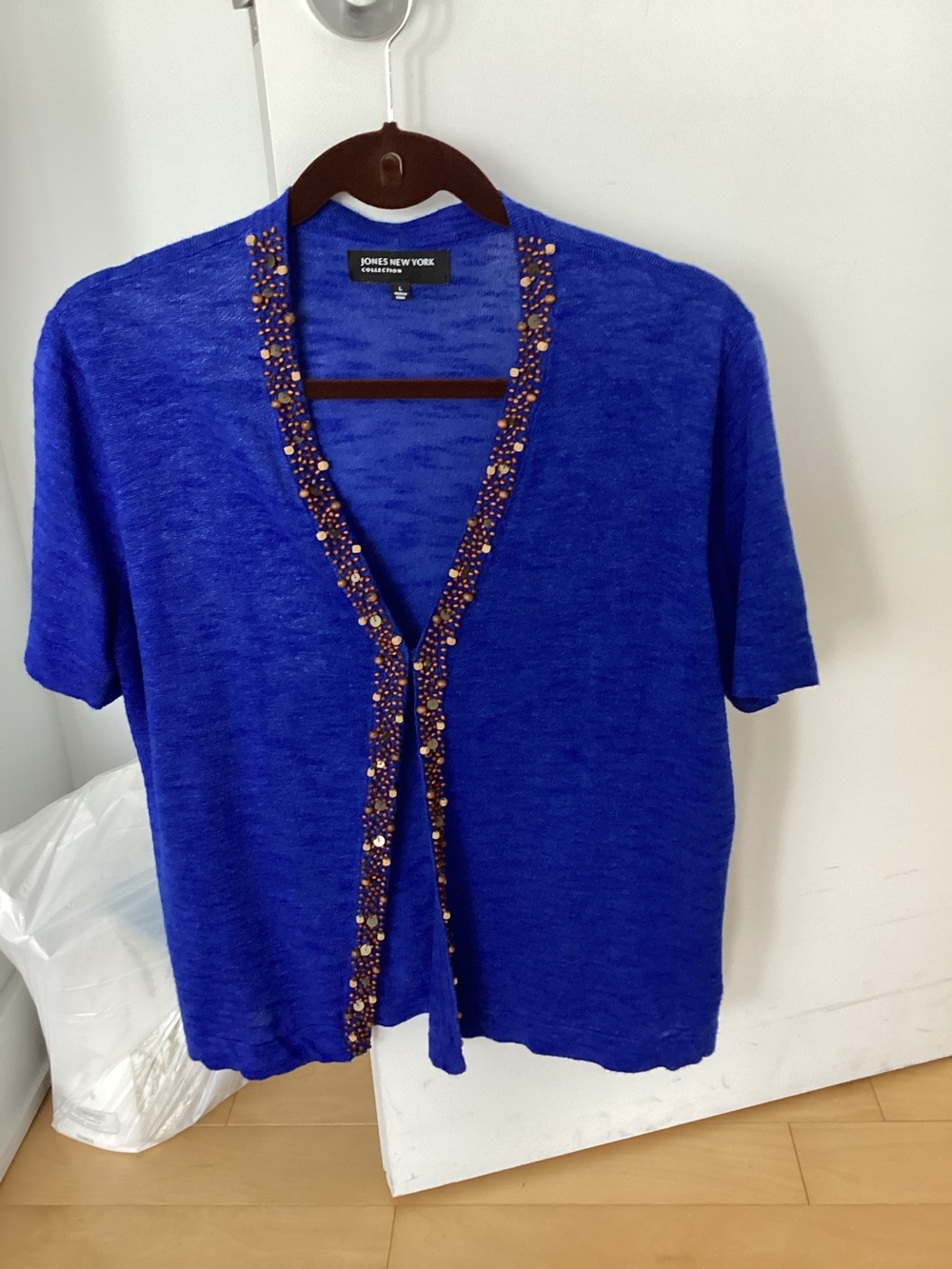 Jones New York Royal Blue Beaded Short Sleeve Cardigan. NWOT